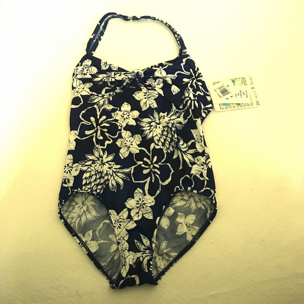 Beach scene One piece swim suit Blue and white New